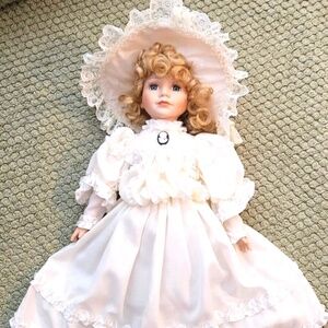 Beautiful Porcelain Doll With Stand | Girl Doll with Dress and Hat - 18" Tall